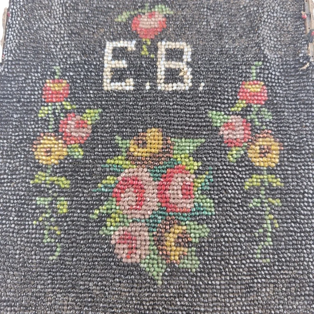 Antique Victorian Micro Beaded Purse Velvet Lining Monogram EB Double Sided 9